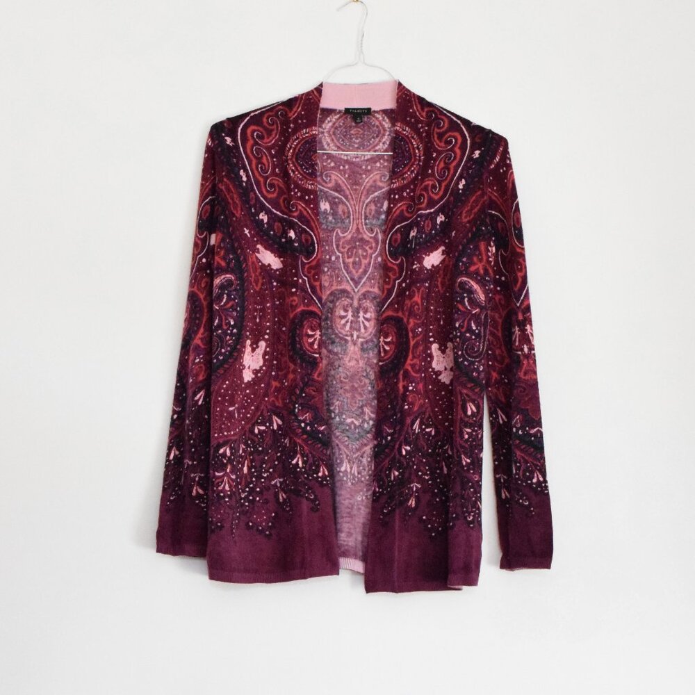 TALBOTS Pink Lamb's Wool Fine Knit Fleur de Lis Paisley Open Cardigan | Size S